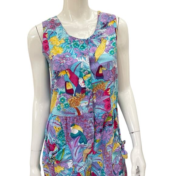 Vintage 80’s Tropical Parrot Print Indian Cotton Jumpsuit By Honors, Small - Picture 3 of 7